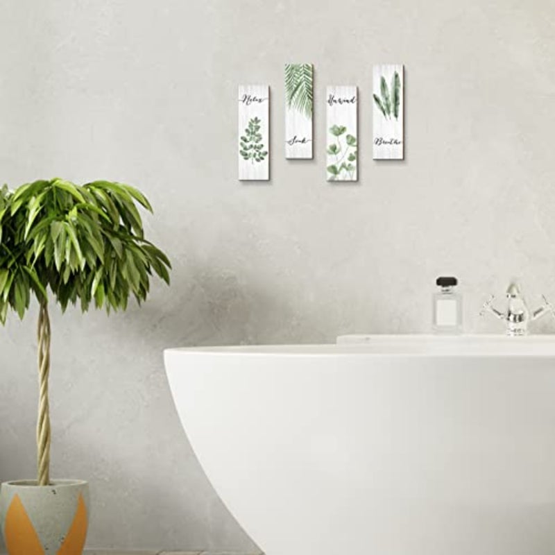 Botanical Bathroom Wall Art Decor 4 Pieces Rela Soak Unwind Breathe with Boho Leaf Print Minimalist Sign Wooden Hanging Wall Art Decor for Farmhouse Home Bathroom,Green - Image 4