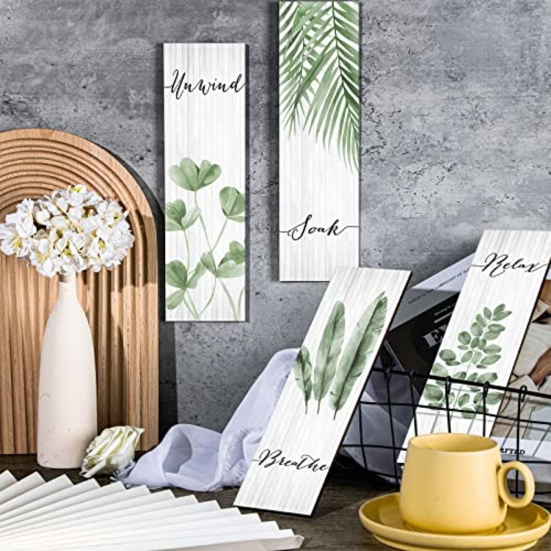 Botanical Bathroom Wall Art Decor 4 Pieces Rela Soak Unwind Breathe with Boho Leaf Print Minimalist Sign Wooden Hanging Wall Art Decor for Farmhouse Home Bathroom,Green - Image 3