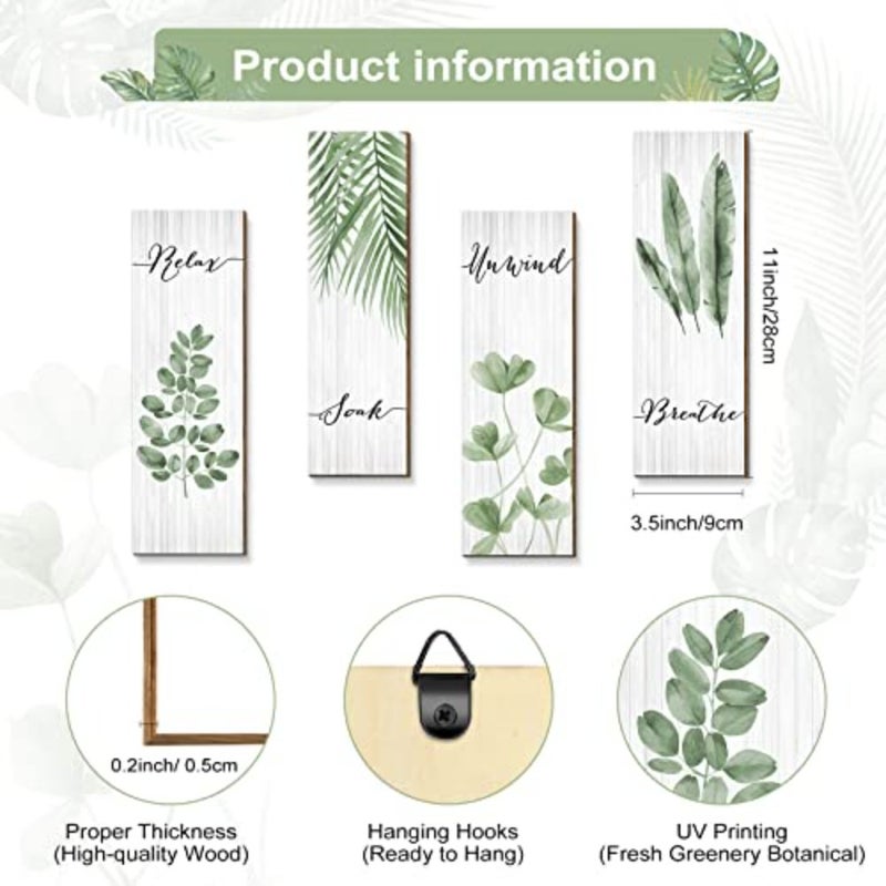 Botanical Bathroom Wall Art Decor 4 Pieces Rela Soak Unwind Breathe with Boho Leaf Print Minimalist Sign Wooden Hanging Wall Art Decor for Farmhouse Home Bathroom,Green - Image 2