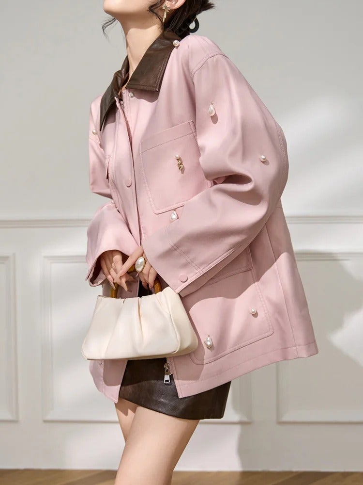 Women Pink Jacket Pearl Detail Leather Collar Casual Coat Loose Fit Short Jacket Vintage Streetwear Outerwear - Image 2