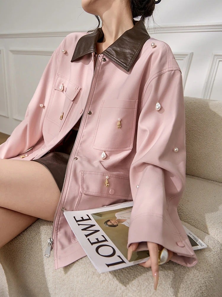 Women Pink Jacket Pearl Detail Leather Collar Casual Coat Loose Fit Short Jacket Vintage Streetwear Outerwear - Image 4