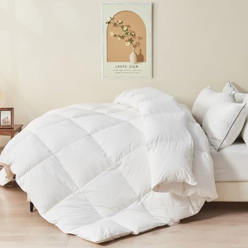 TOPGREEN Feather Down Comforter Queen Size Luxury ExtraFluffy Duvet Insert All Season Bed Comforter with UltraSoft Organic Cotton Case 90x90 Inch Ivory White - Image 1