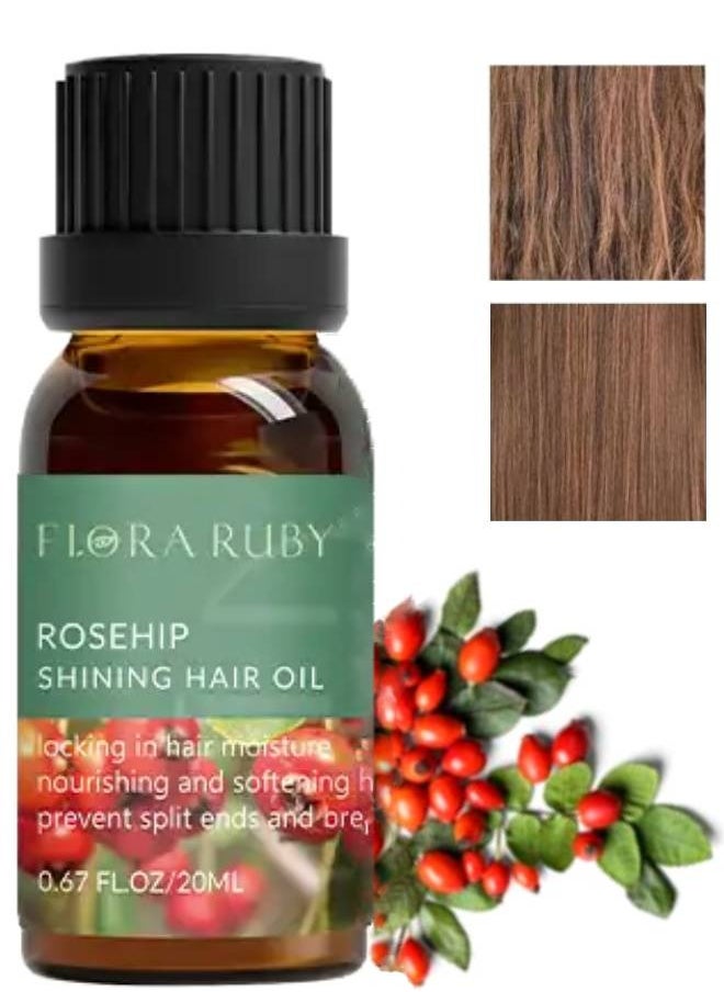 FLORA RUBY - Rosehip Shining Hair Oil Locking in Hair Moisture Nourishing and Softening Hair Strand Prevent Split Ends and Breakage Hair Loss Treatment Stimulates Hair Growth Scalp Massager Rosehip Oil 20ml - Image 1