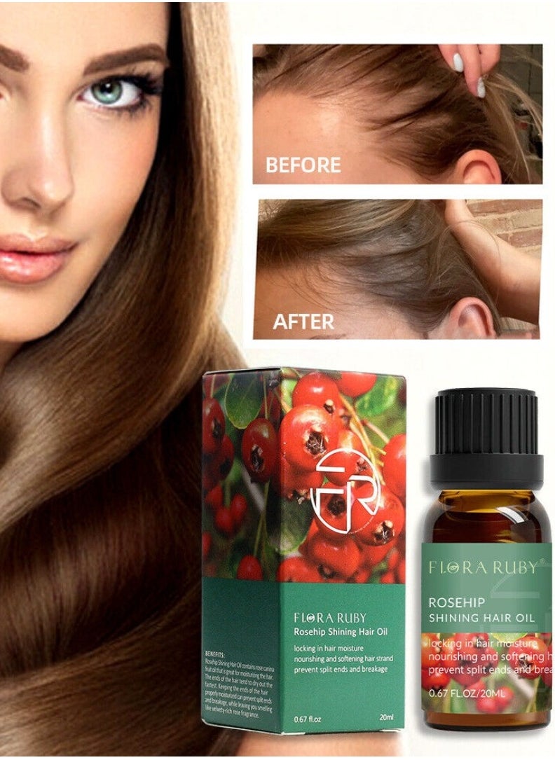 FLORA RUBY - Rosehip Shining Hair Oil Locking in Hair Moisture Nourishing and Softening Hair Strand Prevent Split Ends and Breakage Hair Loss Treatment Stimulates Hair Growth Scalp Massager Rosehip Oil 20ml - Image 1