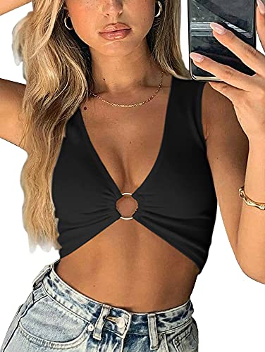 AEVZIV Sexy Crop Tops for Women Sleeveless Deep V Neck Workout Tops Plunge Ring Cleavage Cropped Tank Top Black M - Image 1