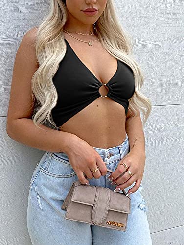 AEVZIV Sexy Crop Tops for Women Sleeveless Deep V Neck Workout Tops Plunge Ring Cleavage Cropped Tank Top Black M - Image 4