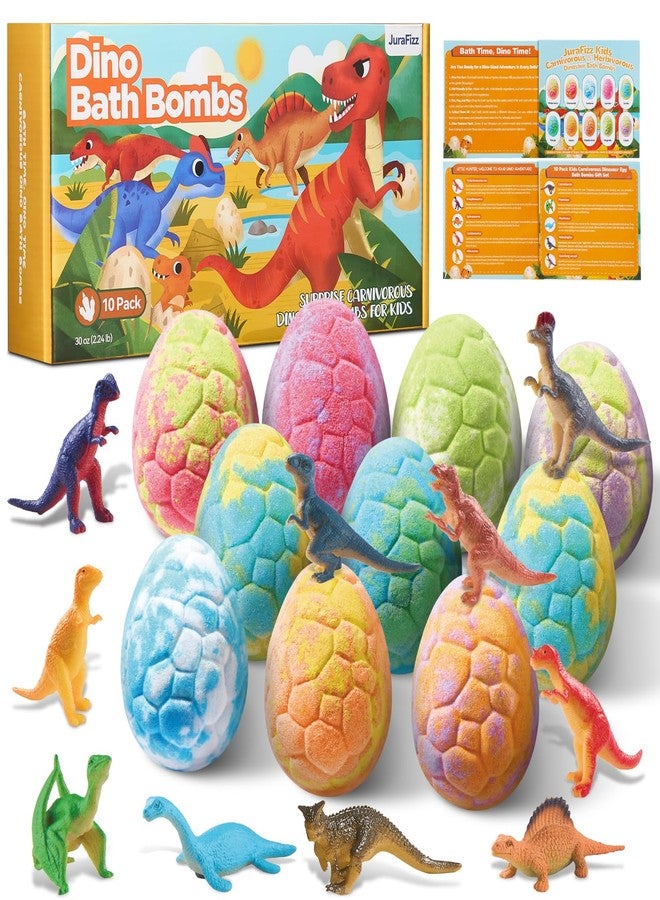 JuraFizz Dinosaur Bath Bombs for Kids with Surprise Inside, 10 Pack Natural Dino Eggs with Exclusive Carnivorous Dinosaur Toys, Fizzing Fun Gifts for Boys Girls, Dinosaur Toys for Kids Ages 3-9 - Image 1