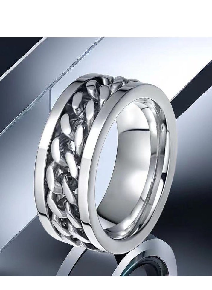 ROMAD - Steel Color Stainless Steel Chain Spinner Ring – Titanium Steel, Rotating Fidget Band, Durable Mechanical Design, Vacuum-Plated, Unisex Fashion Jewelry, EU Size 60 - Image 1