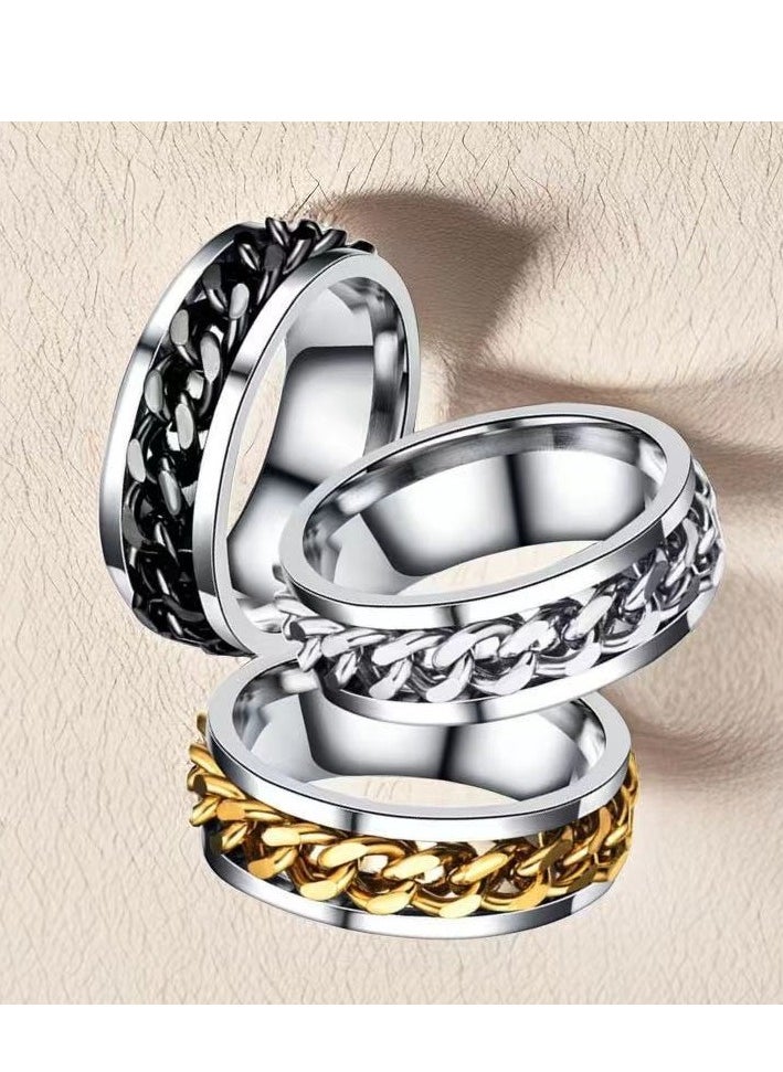 ROMAD - Steel Color Stainless Steel Chain Spinner Ring – Titanium Steel, Rotating Fidget Band, Durable Mechanical Design, Vacuum-Plated, Unisex Fashion Jewelry, EU Size 60 - Image 1