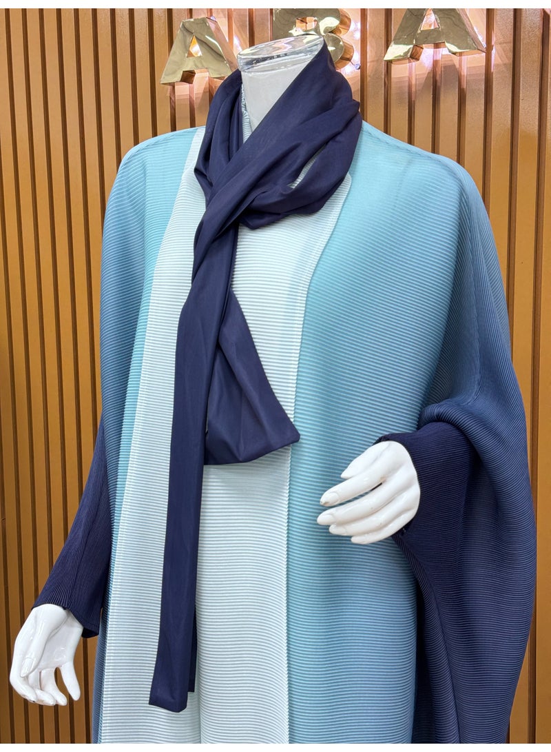 Sahara Pleated Ombre Abaya, Blue Gradient with Matching Scarf  - Image 3
