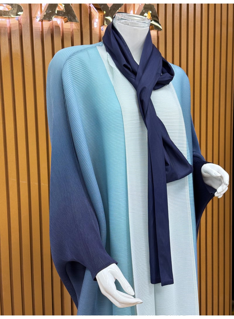 Sahara Pleated Ombre Abaya, Blue Gradient with Matching Scarf  - Image 2
