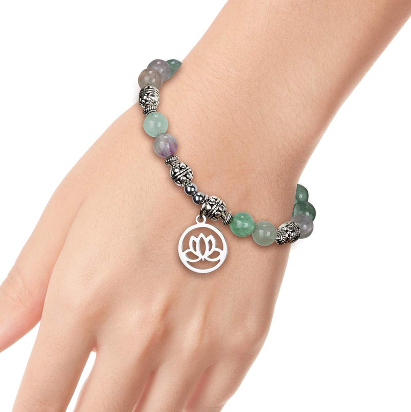 SPUNKYsoul Lotus Crystal Fluorite Healing Energy Bead Bracelet for Women Stainless Steel and Alloy - Image 4
