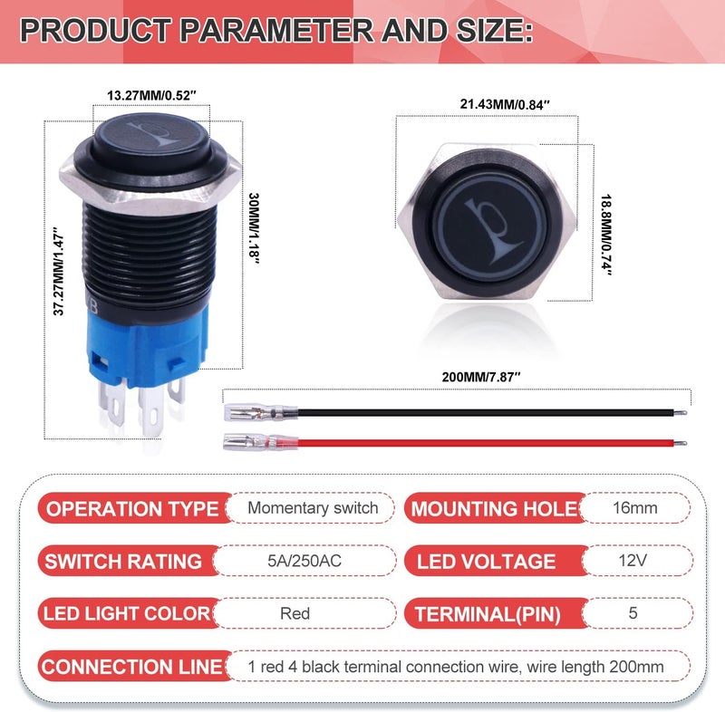 Twidec /16MM Raised Speaker Horn Momentary Push Button Switch 5/8" Mounting Hole 12V Red Led Light Black Stainless Steel Shell 1NO 1NC SPDT with Pre-Wiring Wires Switch for Car Modification BKG16LB-R - Image 3