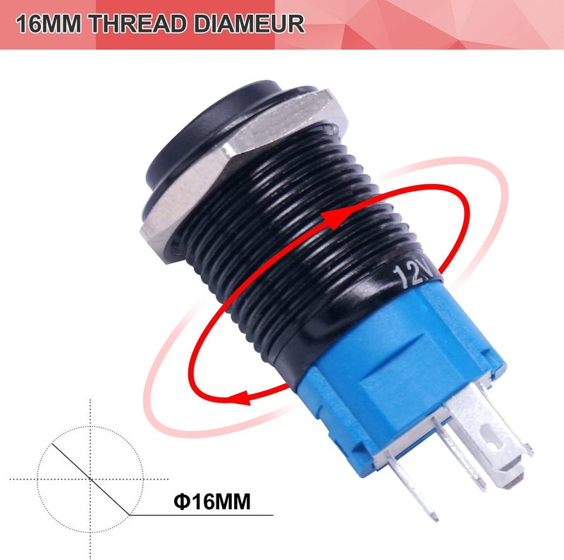 Twidec /16MM Raised Speaker Horn Momentary Push Button Switch 5/8" Mounting Hole 12V Red Led Light Black Stainless Steel Shell 1NO 1NC SPDT with Pre-Wiring Wires Switch for Car Modification BKG16LB-R - Image 4