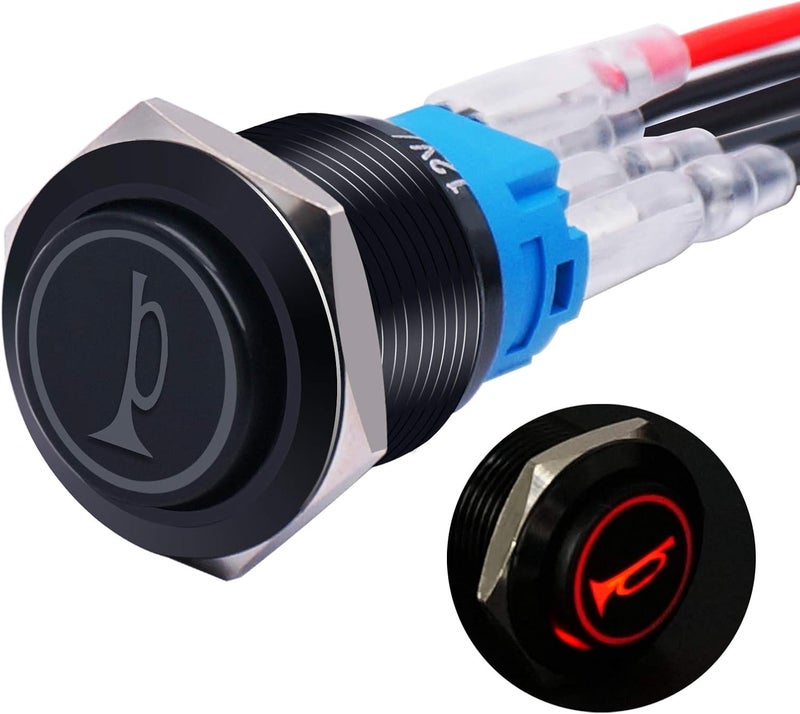 Twidec /16MM Raised Speaker Horn Momentary Push Button Switch 5/8" Mounting Hole 12V Red Led Light Black Stainless Steel Shell 1NO 1NC SPDT with Pre-Wiring Wires Switch for Car Modification BKG16LB-R - Image 1