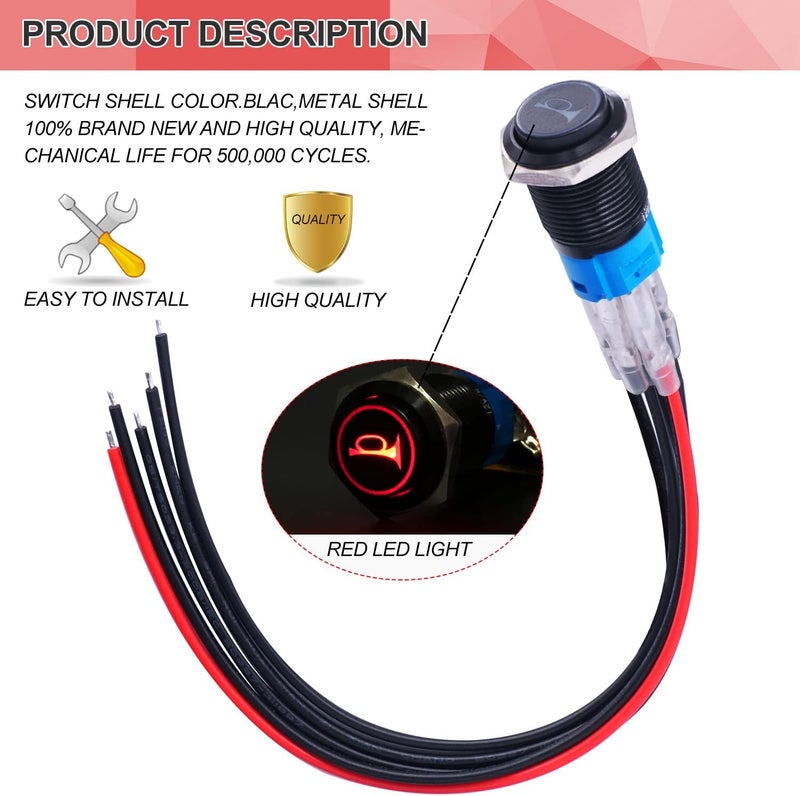 Twidec /16MM Raised Speaker Horn Momentary Push Button Switch 5/8" Mounting Hole 12V Red Led Light Black Stainless Steel Shell 1NO 1NC SPDT with Pre-Wiring Wires Switch for Car Modification BKG16LB-R - Image 5