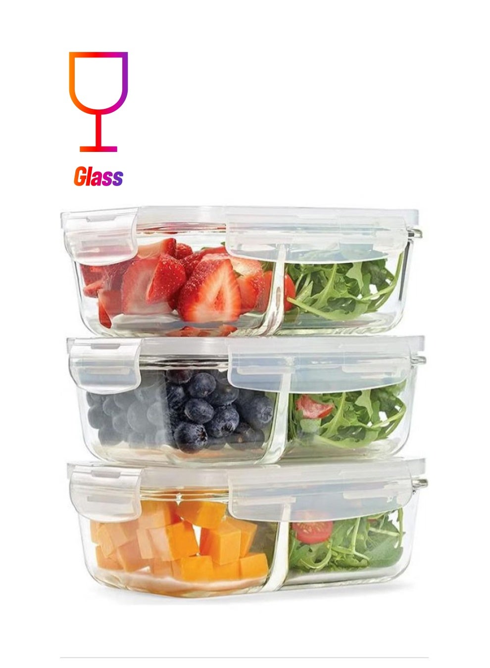 Hihonor Airtight Seal, Portion Cont Divided, 3-Pack, Two Compartments, Set of 3 Locking Lids, Glass Storage, Meal Prep Containers, 3 Pack, Clear