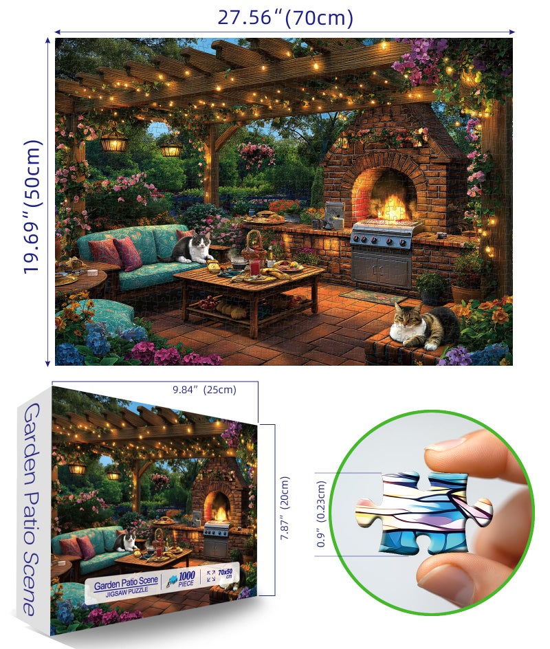 MINIWAN 1000 Piece Jigsaw Puzzle for Adults - Challenging Garden Patio Scene with Twinkling Lights, Vibrant Hydrangeas - 27.5"x19.7" Art Puzzle, Unique Gift for Game Nights - Image 2