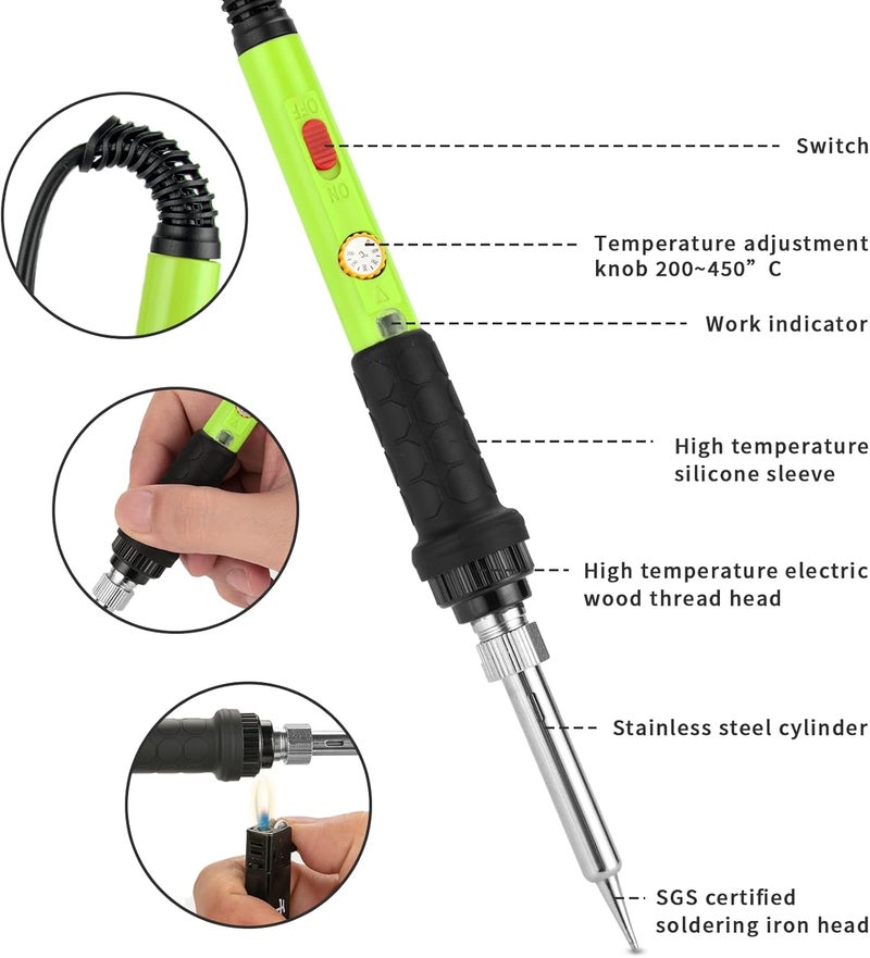Q-MING Soldering Iron Kit, 60W Soldering Iron with 5pc Interchangeable Tips, 10-in-1 Adjustable Temperature Solder Welding Tools, Fast Heating, Electronic Repair, 110V, Green - Image 4