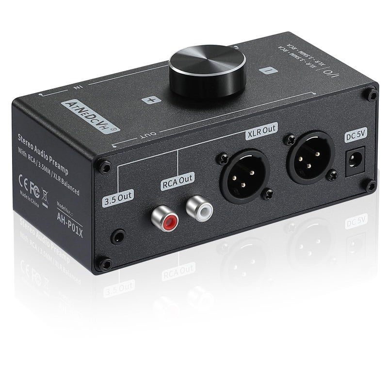 AtNeDcVh Stereo Audio Preamplifier - XLR Balanced RCA 3.5mm Input to XLR Balanced RCA 3.5mm Output Converter Adapter amp - Headphone Amplifier, Gain 20dB Phono Turntable Phonograph Preamp (Black) - Image 2