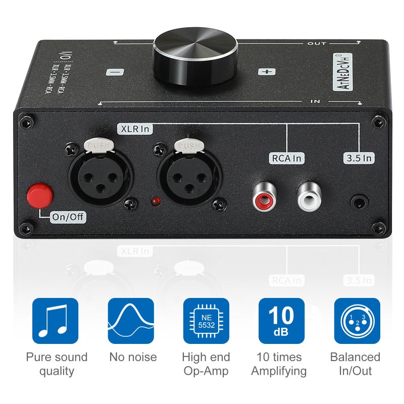 AtNeDcVh Stereo Audio Preamplifier - XLR Balanced RCA 3.5mm Input to XLR Balanced RCA 3.5mm Output Converter Adapter amp - Headphone Amplifier, Gain 20dB Phono Turntable Phonograph Preamp (Black) - Image 4