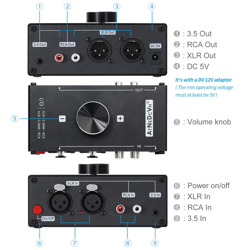 AtNeDcVh Stereo Audio Preamplifier - XLR Balanced RCA 3.5mm Input to XLR Balanced RCA 3.5mm Output Converter Adapter amp - Headphone Amplifier, Gain 20dB Phono Turntable Phonograph Preamp (Black) - Image 5