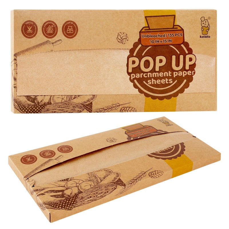 katbite 135Pcs 45 gsm PopUp Parchment Paper Sheets Heavy Duty  Nonstick10x15 In Precut Unbleached Parchment Paper for Baking PopUp Paper Dispenser for Cooking Wrapping Spacesaving