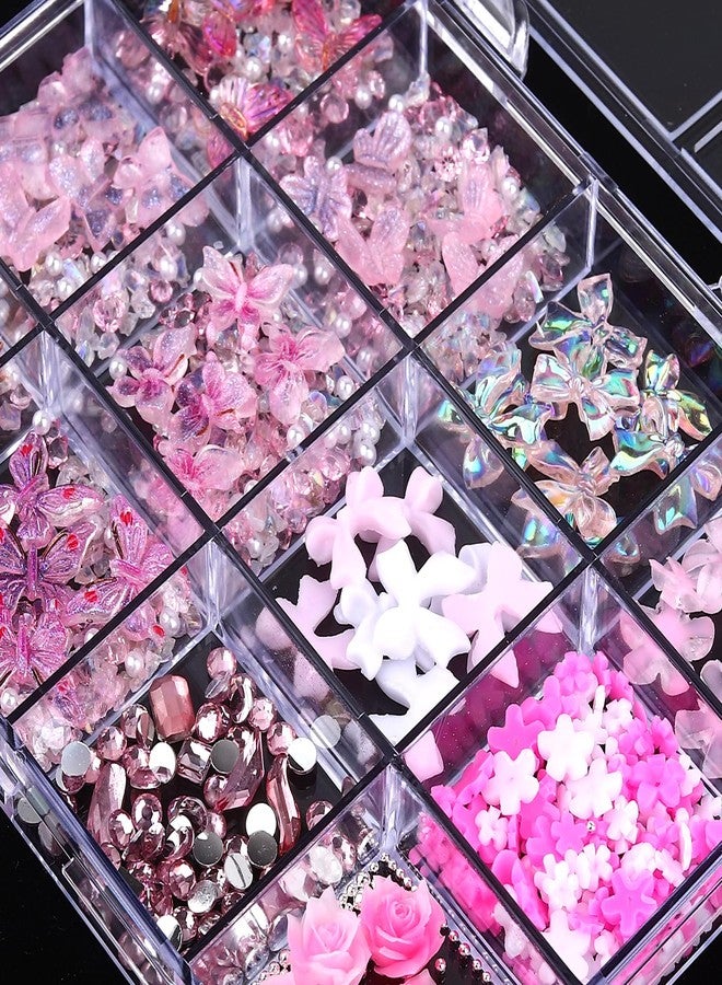 Jremg 3D Butterfly Nail Art Charms Colorful Hawaii Flower Nail Gems Pink Rhinestones Cute Blossom Rose Resin Nail Charm Flat-back Pink White Bow Nail Supplies for Manicure DIY Nail Accessories 12Grids - Image 3