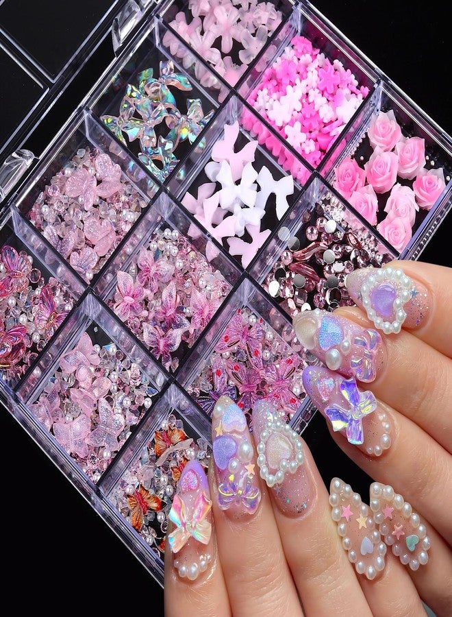 Jremg 3D Butterfly Nail Art Charms Colorful Hawaii Flower Nail Gems Pink Rhinestones Cute Blossom Rose Resin Nail Charm Flat-back Pink White Bow Nail Supplies for Manicure DIY Nail Accessories 12Grids - Image 2