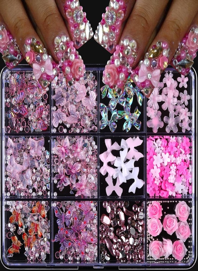 Jremg 3D Butterfly Nail Art Charms Colorful Hawaii Flower Nail Gems Pink Rhinestones Cute Blossom Rose Resin Nail Charm Flat-back Pink White Bow Nail Supplies for Manicure DIY Nail Accessories 12Grids - Image 1