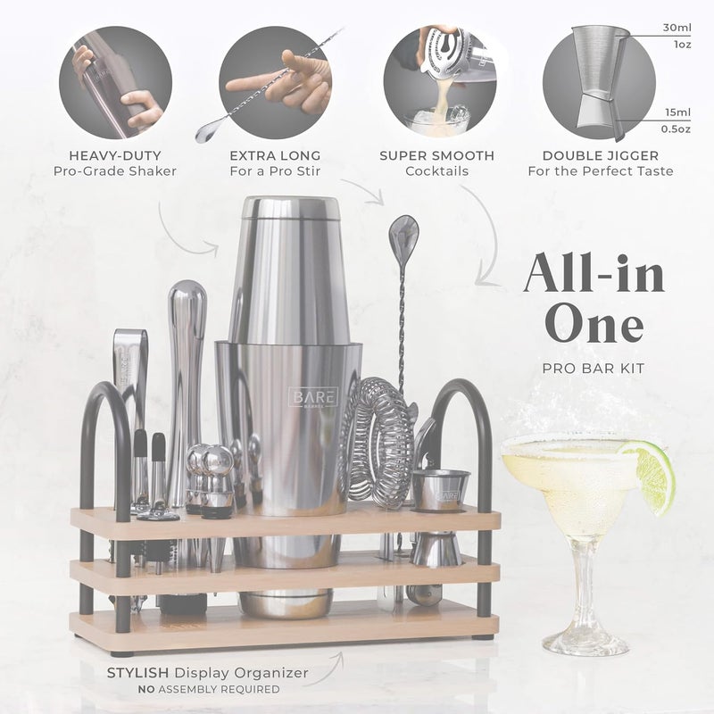 Bare Barrel ® Mixology Bartender Kit Bar Set | 14-Piece Cocktail Shaker Set | Martini Barware Mixing Tools for Home Bartending | 35 Recipe Cards | Gift Set (28oz Boston Shaker, Gray/Natural) - Image 2