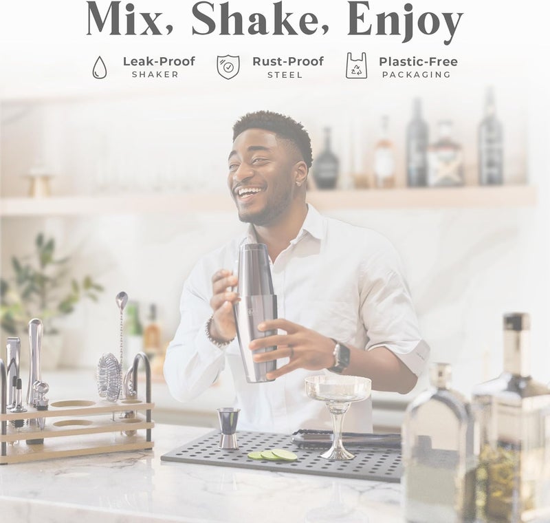 Bare Barrel ® Mixology Bartender Kit Bar Set | 14-Piece Cocktail Shaker Set | Martini Barware Mixing Tools for Home Bartending | 35 Recipe Cards | Gift Set (28oz Boston Shaker, Gray/Natural) - Image 3