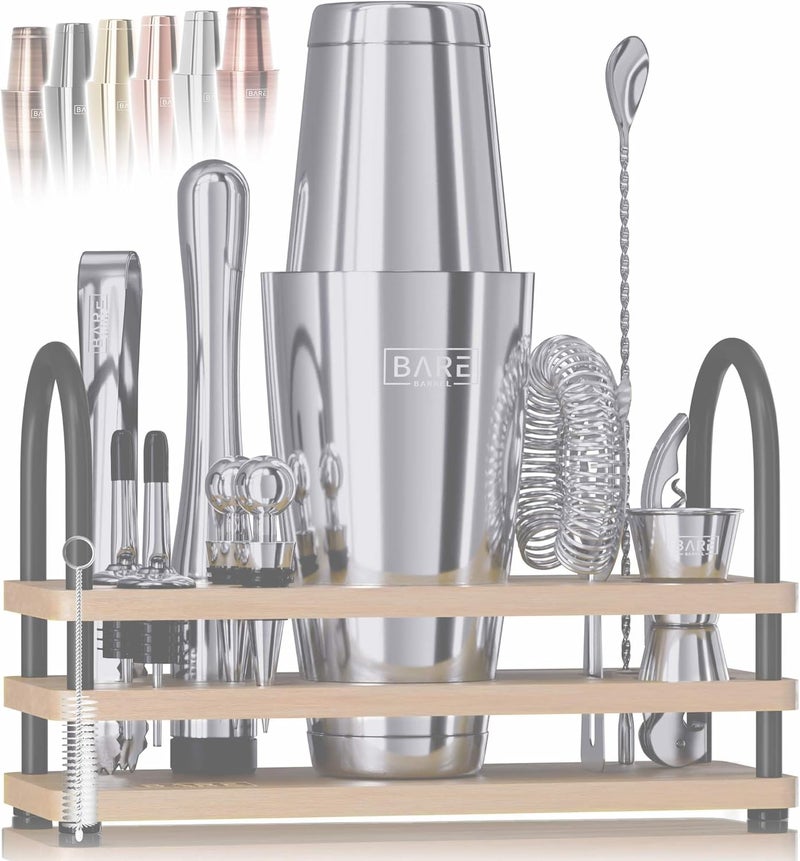 Bare Barrel ® Mixology Bartender Kit Bar Set | 14-Piece Cocktail Shaker Set | Martini Barware Mixing Tools for Home Bartending | 35 Recipe Cards | Gift Set (28oz Boston Shaker, Gray/Natural) - Image 1