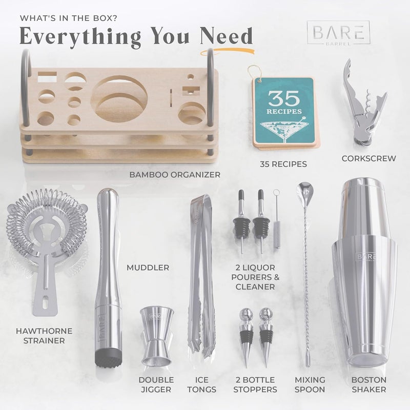 Bare Barrel ® Mixology Bartender Kit Bar Set | 14-Piece Cocktail Shaker Set | Martini Barware Mixing Tools for Home Bartending | 35 Recipe Cards | Gift Set (28oz Boston Shaker, Gray/Natural) - Image 4