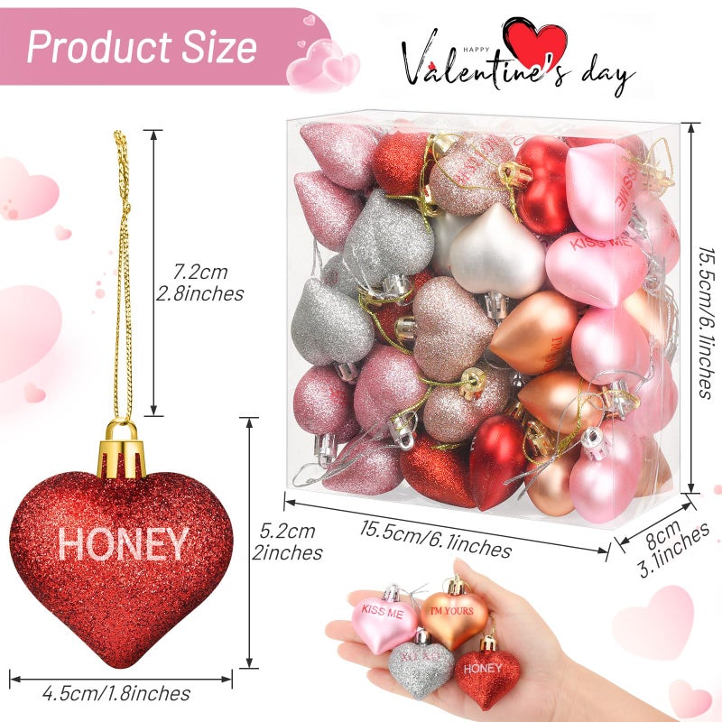 Nebuvark 56PCS Heart Ornaments for Tree - 8 Styles Valentines Heart Shaped Ornaments with Sweet Love Words Heart Baubles for Romantic Valentines Day Tree Decorations Wedding Anniversary Decor - Image 5