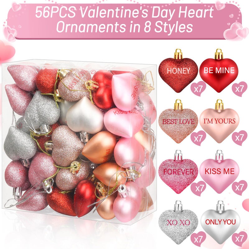 Nebuvark 56PCS Heart Ornaments for Tree - 8 Styles Valentines Heart Shaped Ornaments with Sweet Love Words Heart Baubles for Romantic Valentines Day Tree Decorations Wedding Anniversary Decor - Image 3