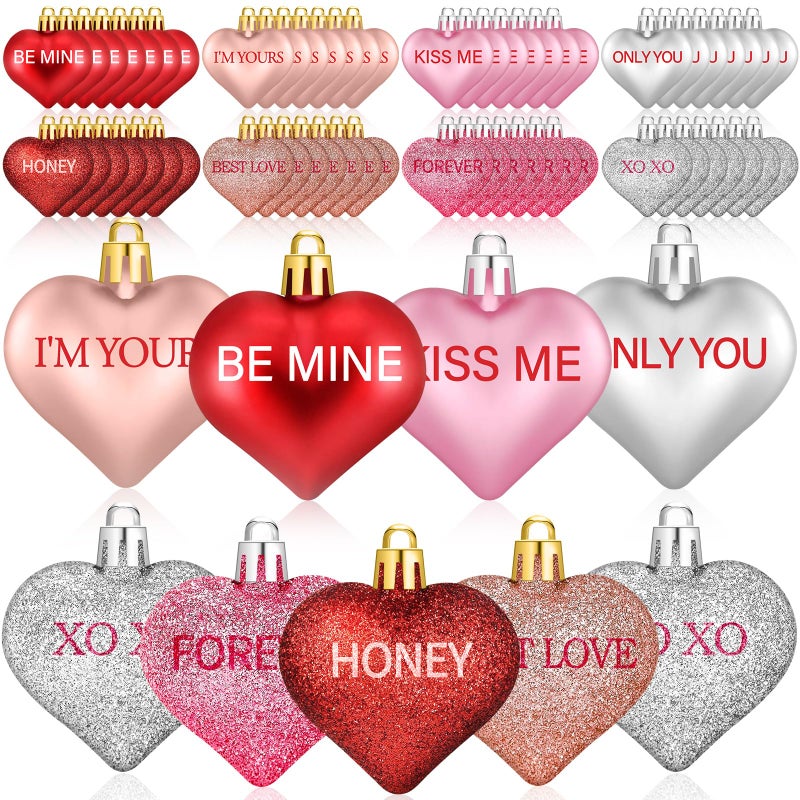 Nebuvark 56PCS Heart Ornaments for Tree - 8 Styles Valentines Heart Shaped Ornaments with Sweet Love Words Heart Baubles for Romantic Valentines Day Tree Decorations Wedding Anniversary Decor - Image 1