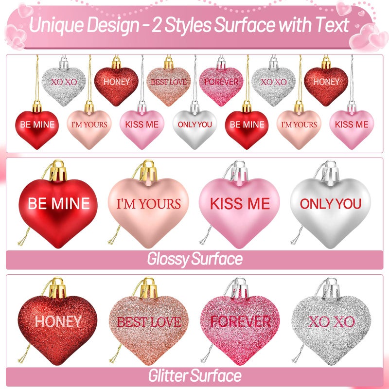 Nebuvark 56PCS Heart Ornaments for Tree - 8 Styles Valentines Heart Shaped Ornaments with Sweet Love Words Heart Baubles for Romantic Valentines Day Tree Decorations Wedding Anniversary Decor - Image 2