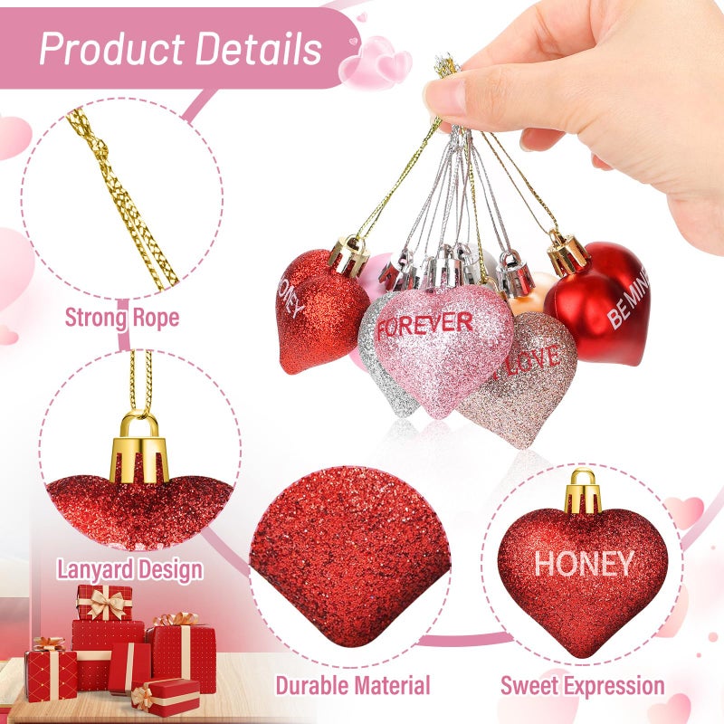 Nebuvark 56PCS Heart Ornaments for Tree - 8 Styles Valentines Heart Shaped Ornaments with Sweet Love Words Heart Baubles for Romantic Valentines Day Tree Decorations Wedding Anniversary Decor - Image 4