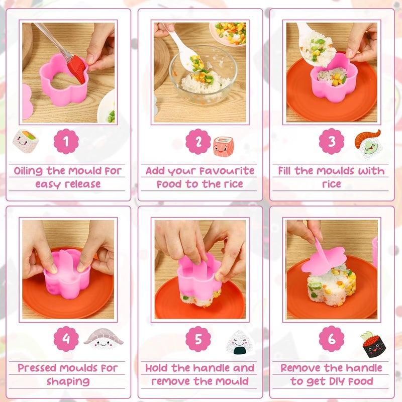 MLRYH Onigiri Maker, 8 Pcs Sushi Onigiri Musubi Maker Kit - Rice Ball Mold with Small Rice Paddle, Brush for Kitchen (Pink) - Image 3