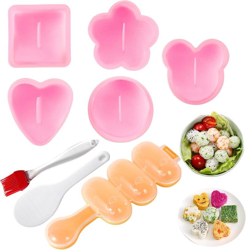 MLRYH Onigiri Maker, 8 Pcs Sushi Onigiri Musubi Maker Kit - Rice Ball Mold with Small Rice Paddle, Brush for Kitchen (Pink) - Image 1
