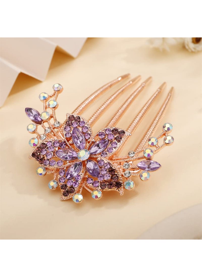Aimimier - Aimimier Flower Crystal French Hair Comb Luxury Rhinestone Side Combs Long Teeth Hair Pins Fashion Hair Accessories for Women Purple - Image 1