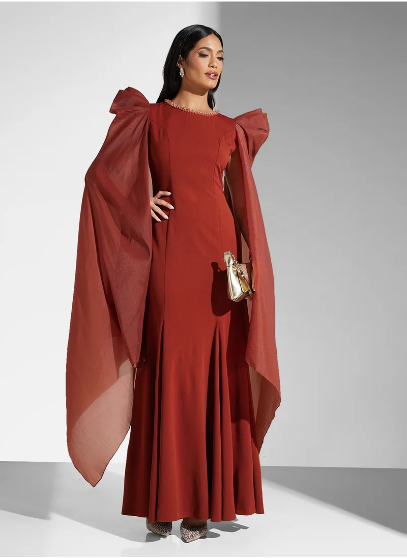 Namshi x Embellished A Line Dress With Cape Sleeves