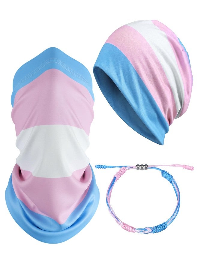 Funnysoft 3 Pcs Transgender Gift Set Includes Adjustable Braided Boho Rope Bracelet Slouchy Beanie and Multifunctional Neck Gaiter LGBTQ Ally Gift for Daily Wear Women Men Pride Month Parade - Image 1