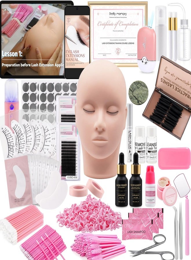 بريتي ميموري مجموعة بريتي ميموري لتطويل الرموش مع دورة تدريبية ودليل PDF وشهادة - مجموعة كاملة مكونة من 446 قطعة لتدريب الرموش مع رأس مانيكان، وغراء، وملقط، ومروحة، وبرايمر، ومثبت للرموش للمبتدئين - Image 1