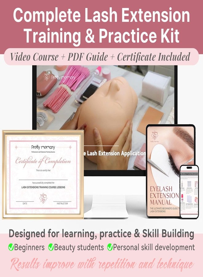 بريتي ميموري مجموعة بريتي ميموري لتطويل الرموش مع دورة تدريبية ودليل PDF وشهادة - مجموعة كاملة مكونة من 446 قطعة لتدريب الرموش مع رأس مانيكان، وغراء، وملقط، ومروحة، وبرايمر، ومثبت للرموش للمبتدئين - Image 2