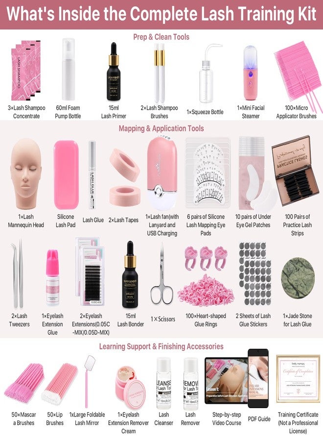 بريتي ميموري مجموعة بريتي ميموري لتطويل الرموش مع دورة تدريبية ودليل PDF وشهادة - مجموعة كاملة مكونة من 446 قطعة لتدريب الرموش مع رأس مانيكان، وغراء، وملقط، ومروحة، وبرايمر، ومثبت للرموش للمبتدئين - Image 4