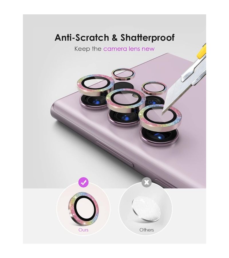 Set Of 2 Multicolored Metal Lens Ring Diamond Flash Lens Protector Compatible With Samsung Galaxy S23 Ultra Smartphone High Quality Protective Film Stylish Phone Case Gadget Lens Cover - Image 5
