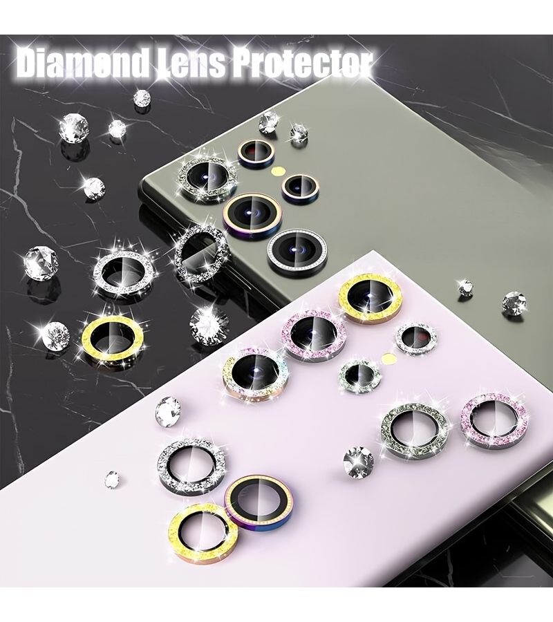Set Of 2 Multicolored Metal Lens Ring Diamond Flash Lens Protector Compatible With Samsung Galaxy S23 Ultra Smartphone High Quality Protective Film Stylish Phone Case Gadget Lens Cover - Image 1