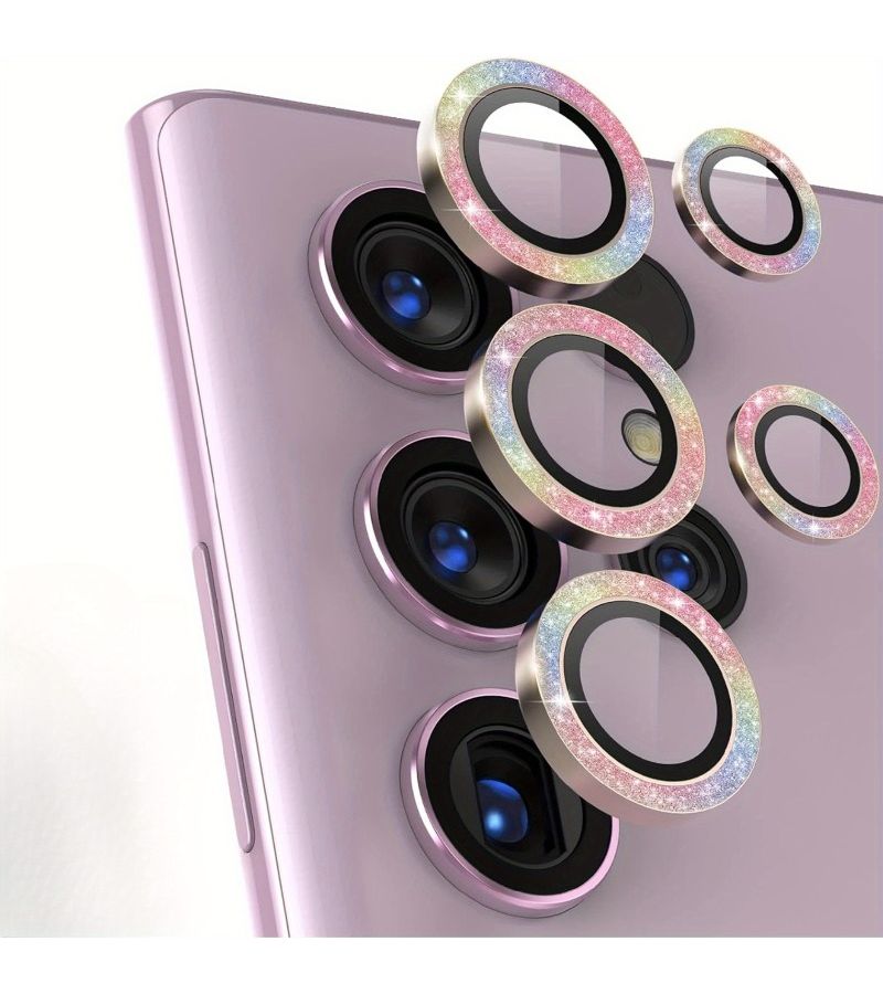 Set Of 2 Multicolored Metal Lens Ring Diamond Flash Lens Protector Compatible With Samsung Galaxy S23 Ultra Smartphone High Quality Protective Film Stylish Phone Case Gadget Lens Cover - Image 3